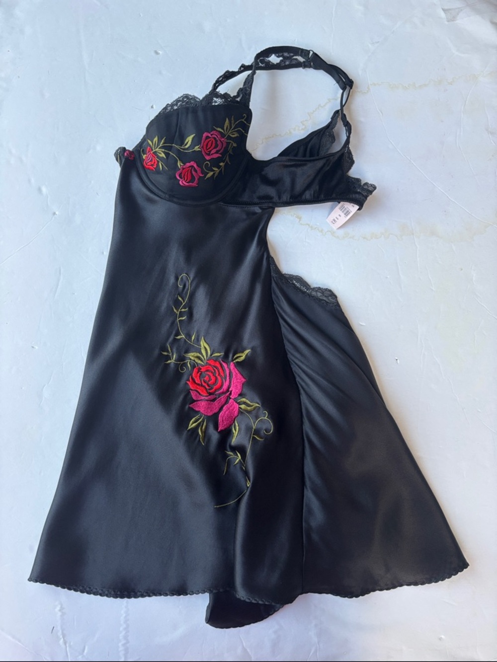 NEW Vintage Victoria's Secret Black Silk Chemise Rose Slip Mini Dress Y2K Sexy - Picture 10 of 17